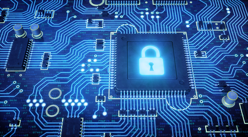 An abstract 3D render of a microprocessor on a circuit board with many electrical components installed. The central microprocessor has an integrated padlock glowing in a cold blue color. The dark surface of the board is covered in hexadecimal code.