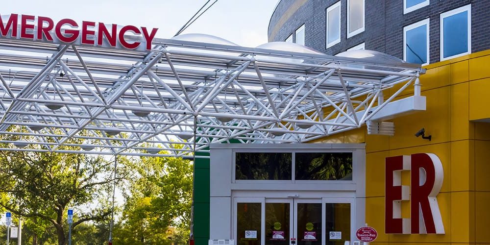 Hospital Emergency Entrance with big red Letters