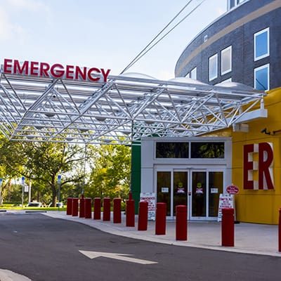 Hospital Emergency Entrance with big red Letters