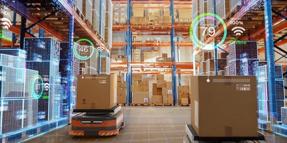 Future Technology 3D Concept: Automated Retail Warehouse AGV Robots with Infographics Delivering Cardboard Boxes in Distribution Logistics Center. Automated Guided Vehicles Goods, Products, Packages